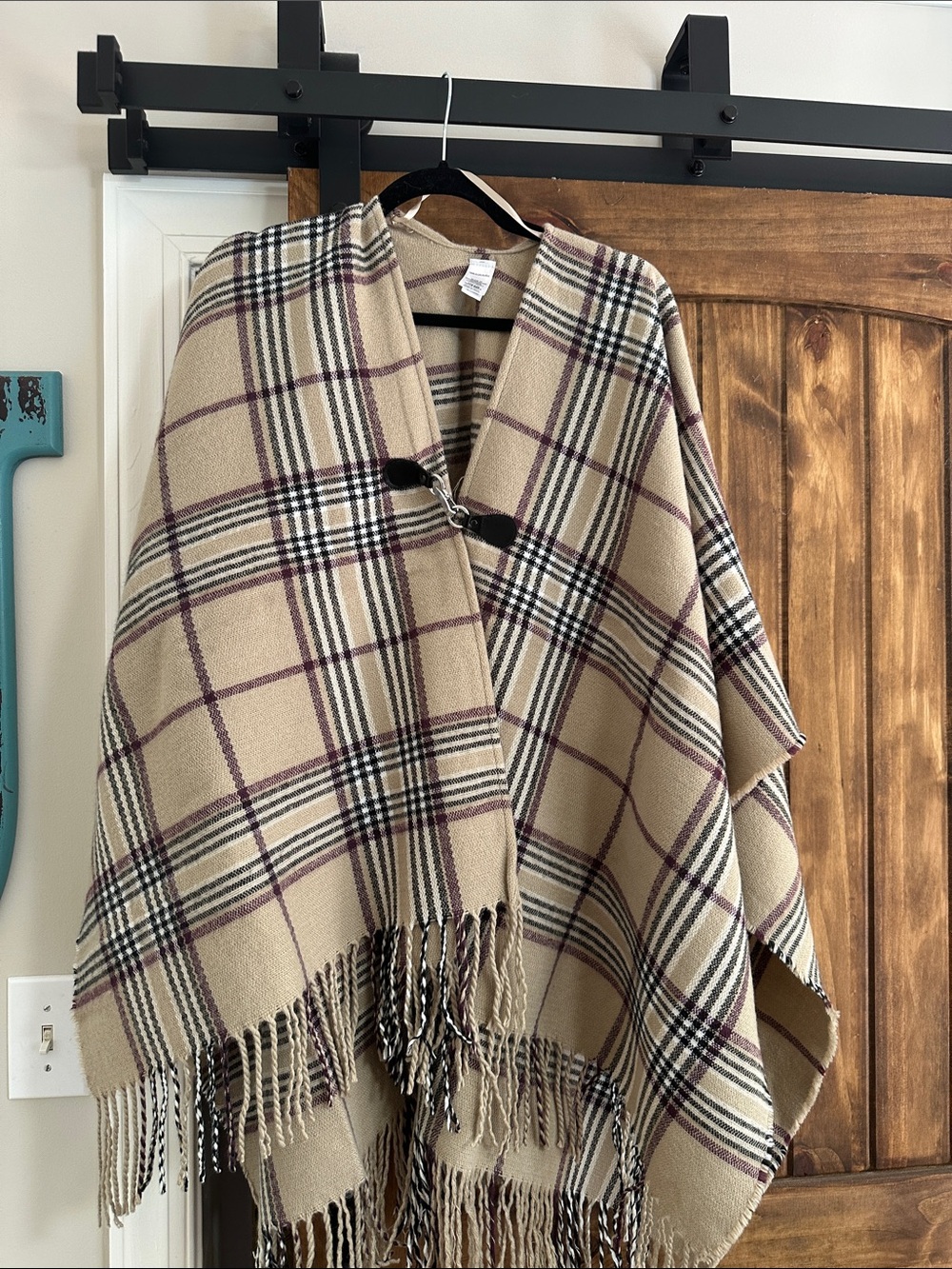 Plaid Fringe Throw Cape in Beige with Black and Burgundy Detail